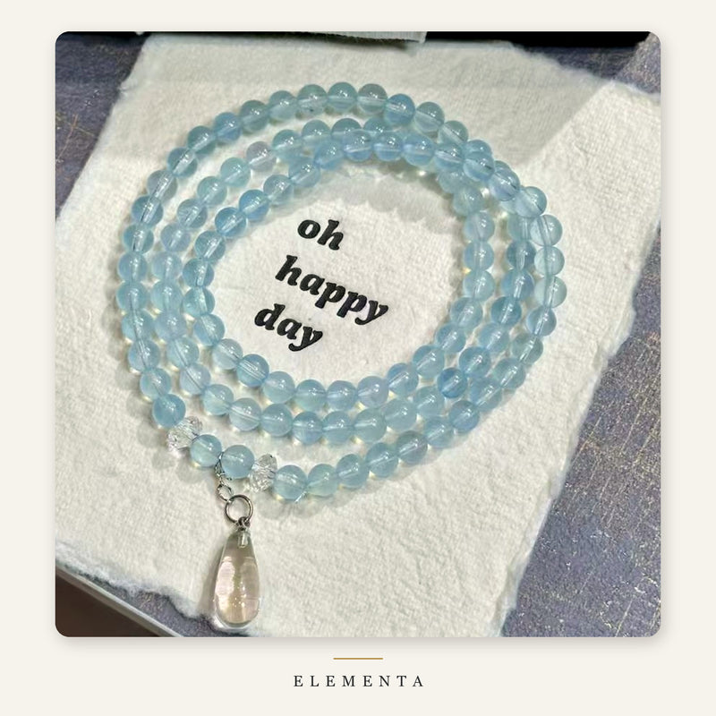 Aquamarine Multi-Wrap Bracelet — 6 mm Beads, Clear Drop