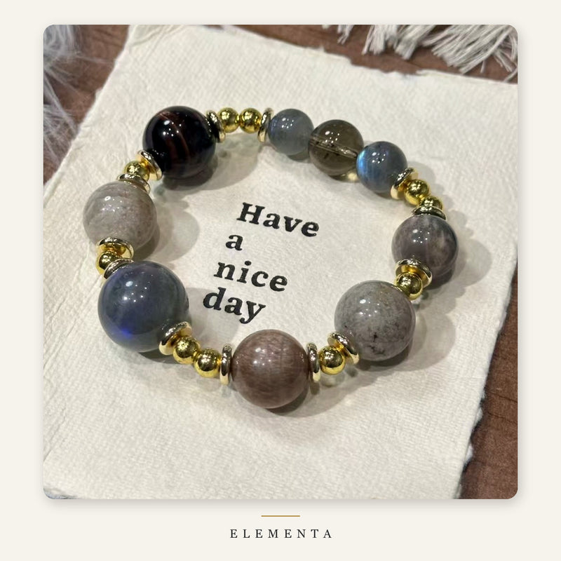 Moonstone & Tiger's Eye Bracelet — 17mm Blue Moonstone