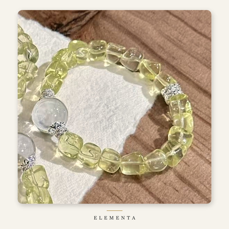 Yellow Quartz Cube Bracelet — Tumbled Golden Beads with Clear Quartz Sphere (Earth Element)