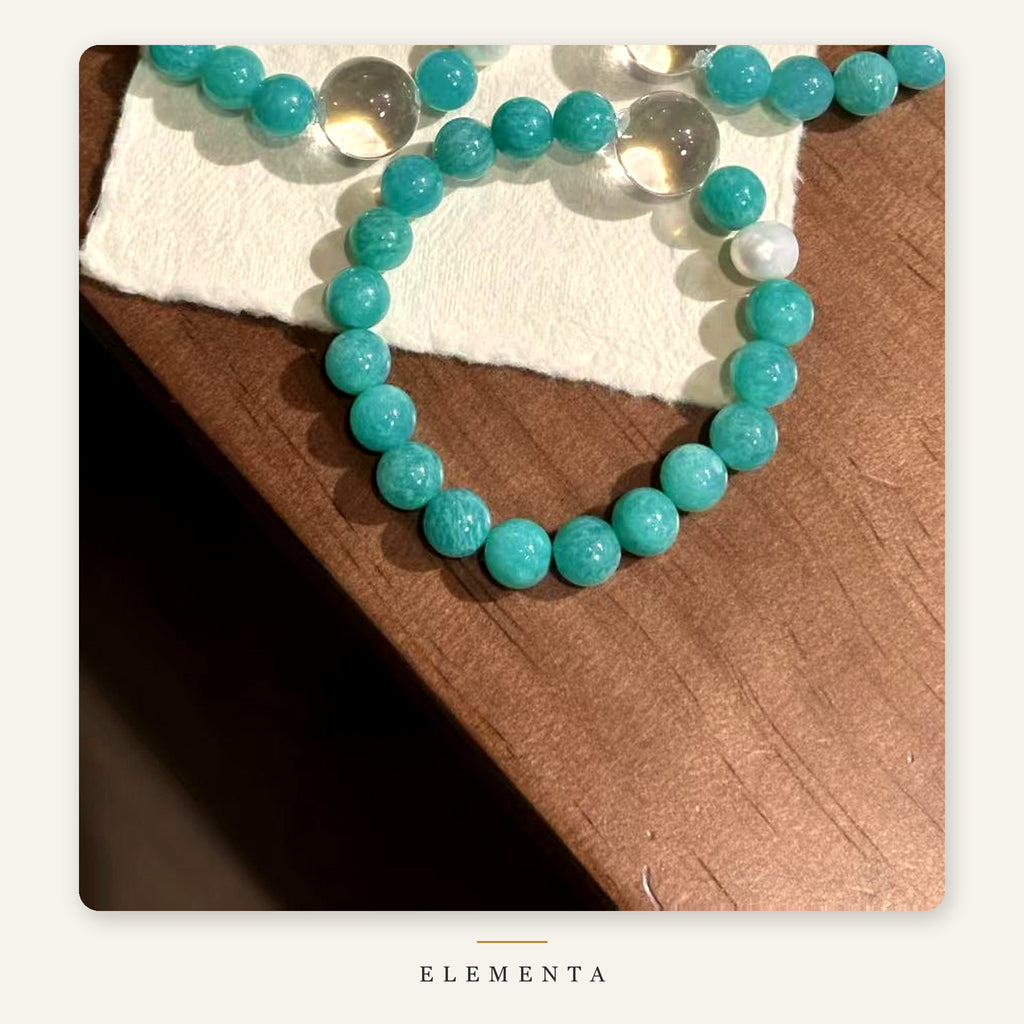 Amazonite & Pearl Bracelet — Natural Teal Green Amazonite with Freshwater Pearl (Wood Element)