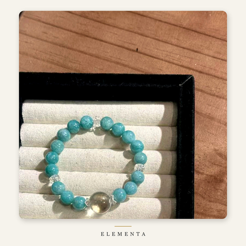 Amazonite & Clear Quartz Bracelet — Natural Sky Blue Amazonite with Crystal Spacers (Wood Element)