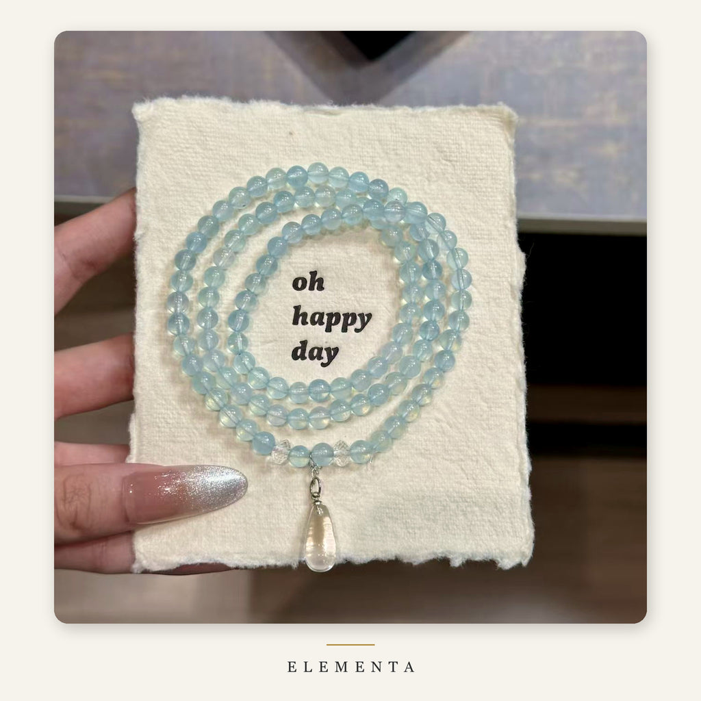 Aquamarine Multi-Wrap Bracelet — 6 mm Beads, Clear Drop