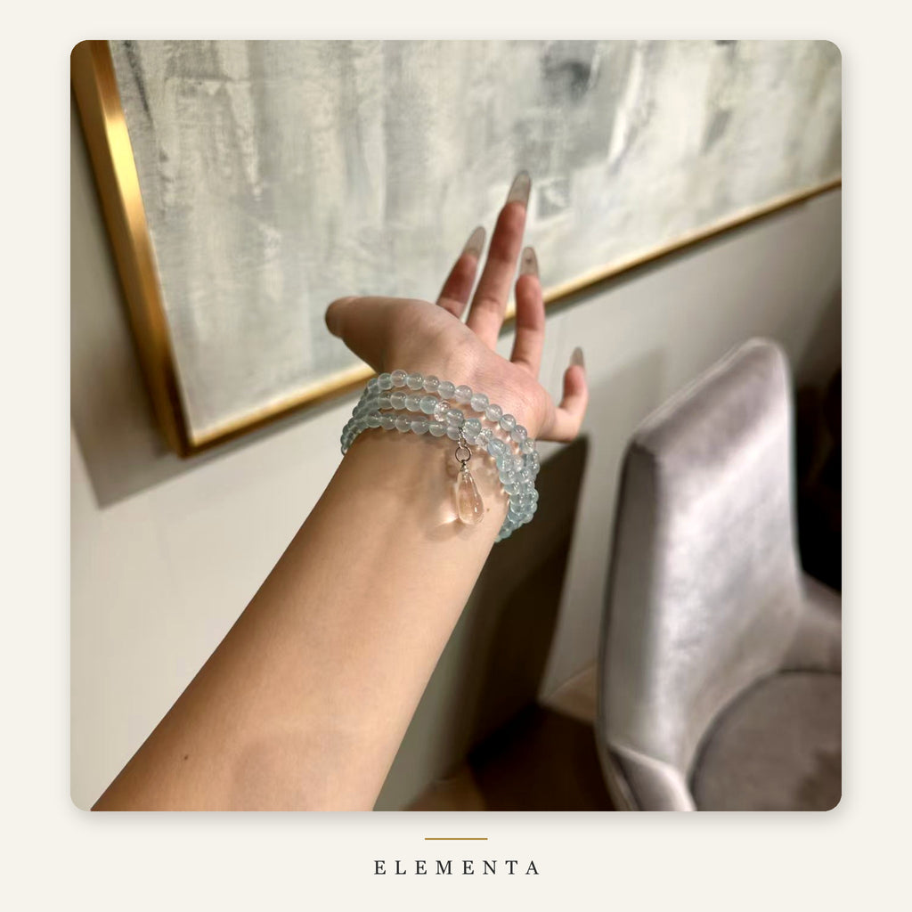 Aquamarine Multi-Wrap Bracelet — 6 mm Beads, Clear Drop
