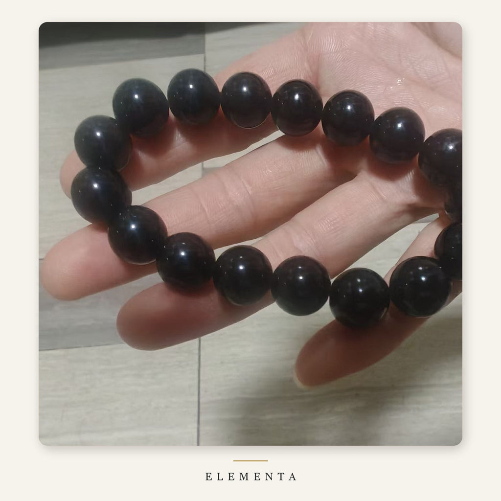 Black Obsidian Bracelet — 12mm Natural Glossy Obsidian Beads (Water)