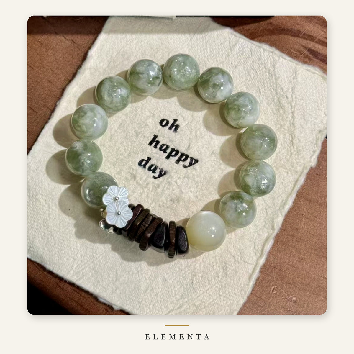 Green Quartz Bracelet — Floral Charm, Two-Tone