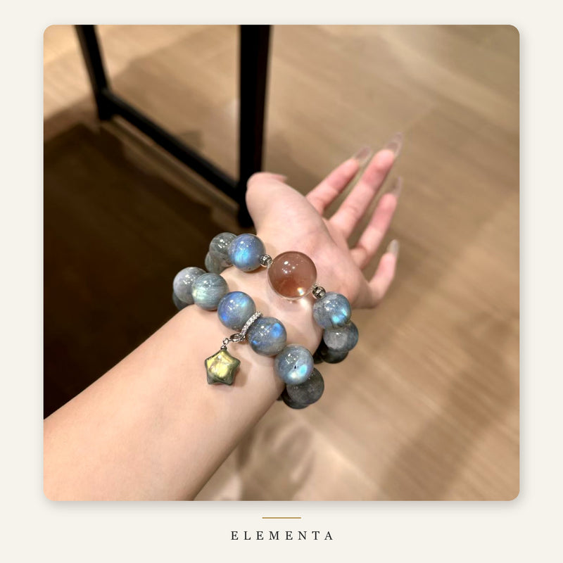 Labradorite Bracelet — Natural Blue-Flash Labradorite with Champagne Accent Bead & Star Charm (Metal Element)