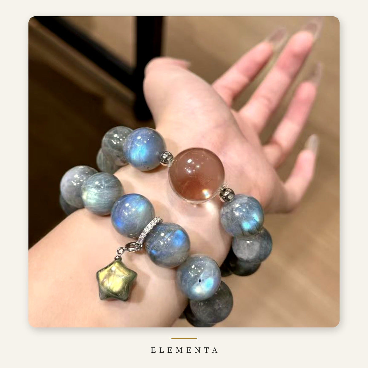 Labradorite Bracelet — Natural Blue-Flash Labradorite with Champagne Accent Bead & Star Charm (Metal Element)
