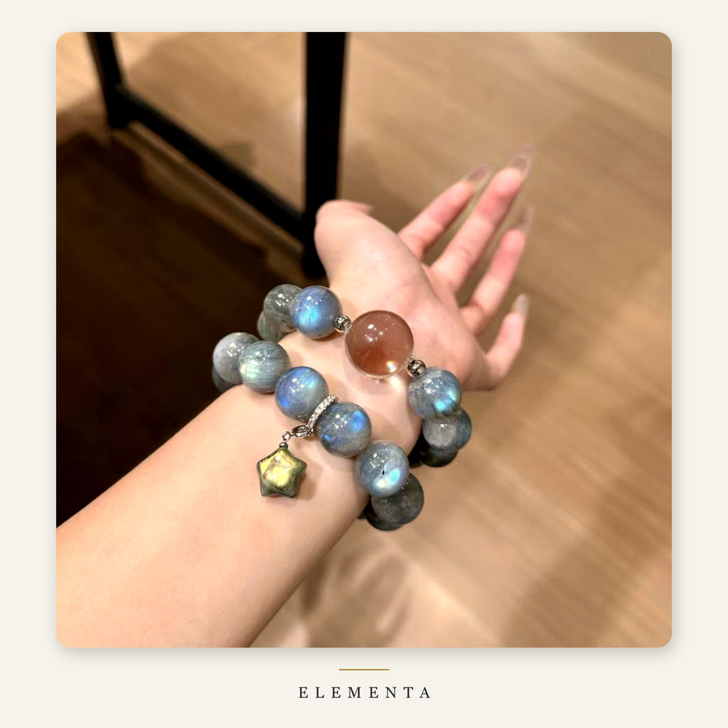 Labradorite Bracelet — Natural Blue-Flash Labradorite with Champagne Accent Bead & Star Charm (Metal Element)
