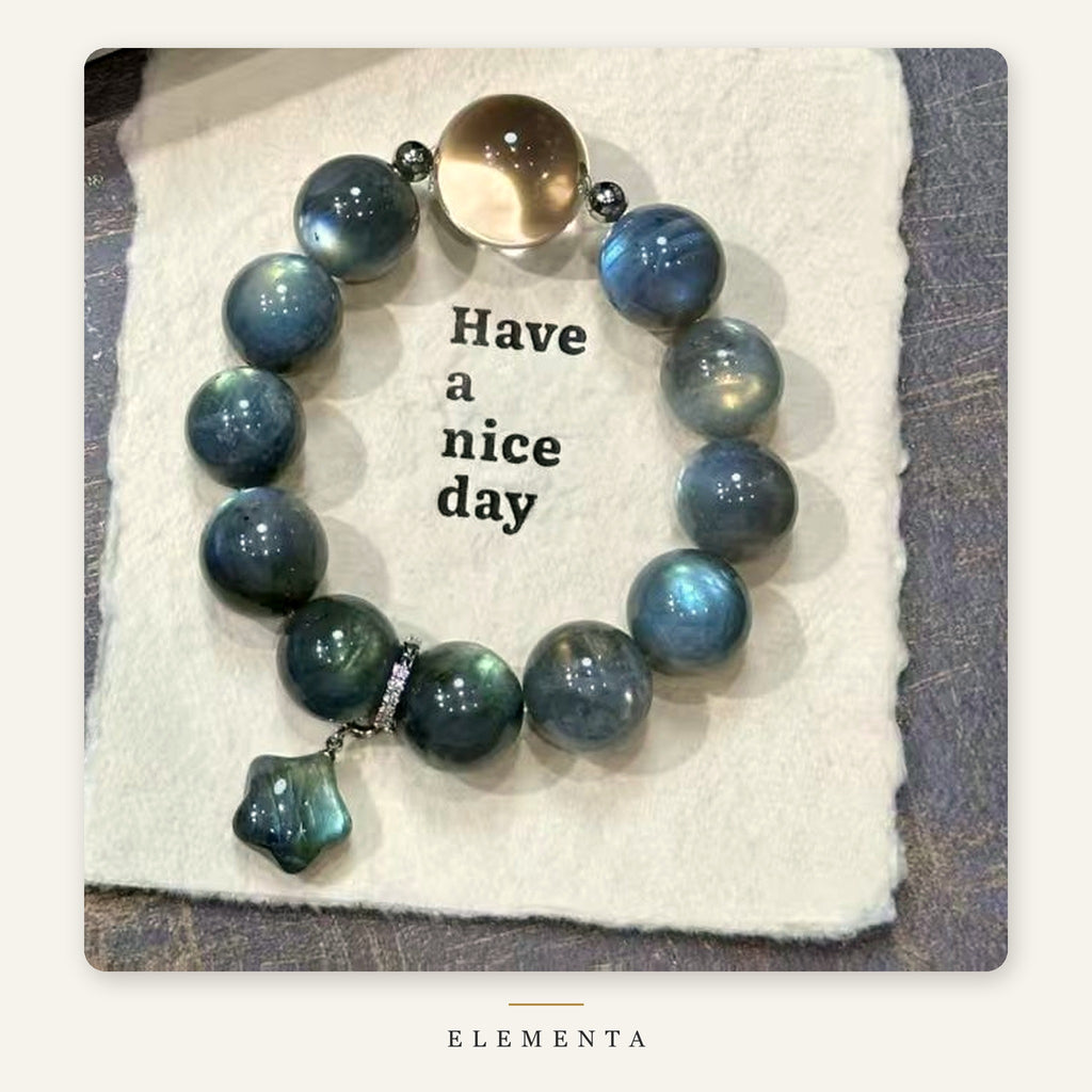 Labradorite Bracelet — Natural Blue-Flash Labradorite with Champagne Accent Bead & Star Charm (Metal Element)