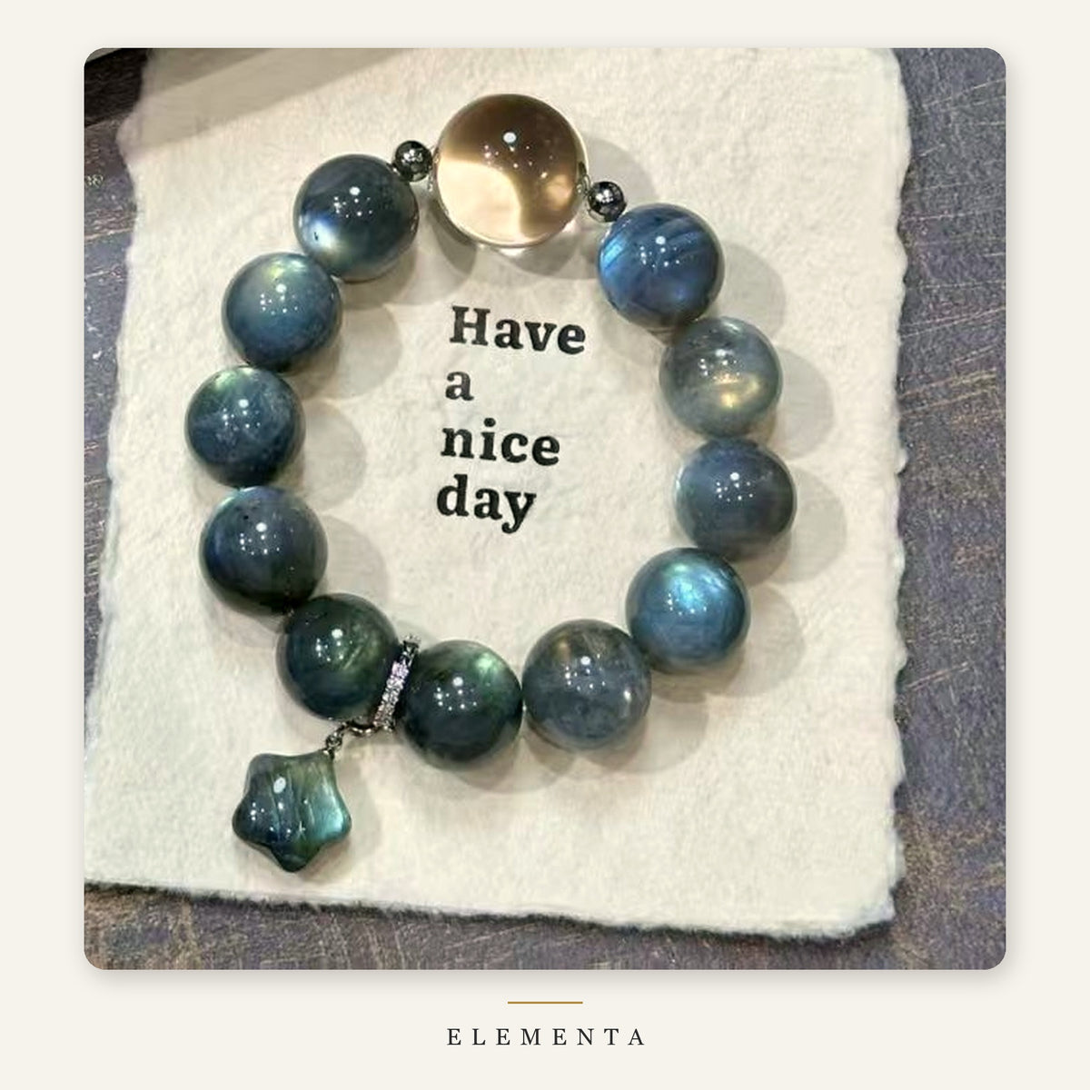 Labradorite Bracelet — Natural Blue-Flash Labradorite with Champagne Accent Bead & Star Charm (Metal Element)