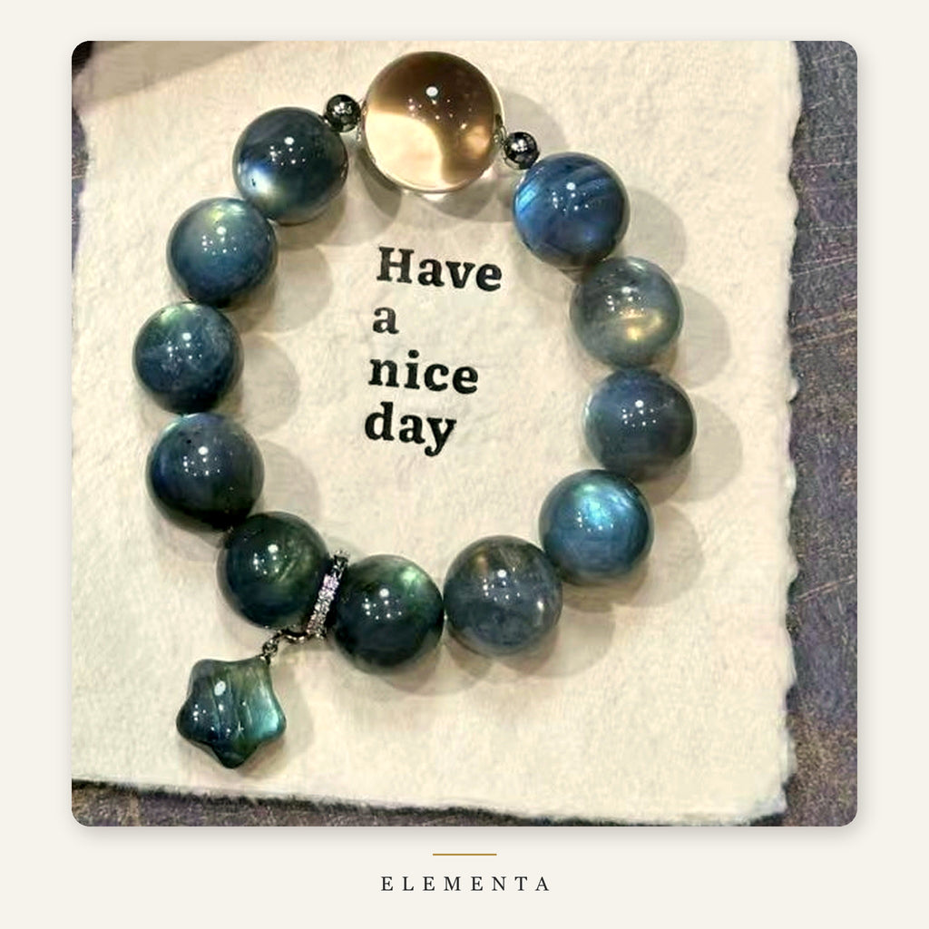 Labradorite Bracelet — Natural Blue-Flash Labradorite with Champagne Accent Bead & Star Charm (Metal Element)