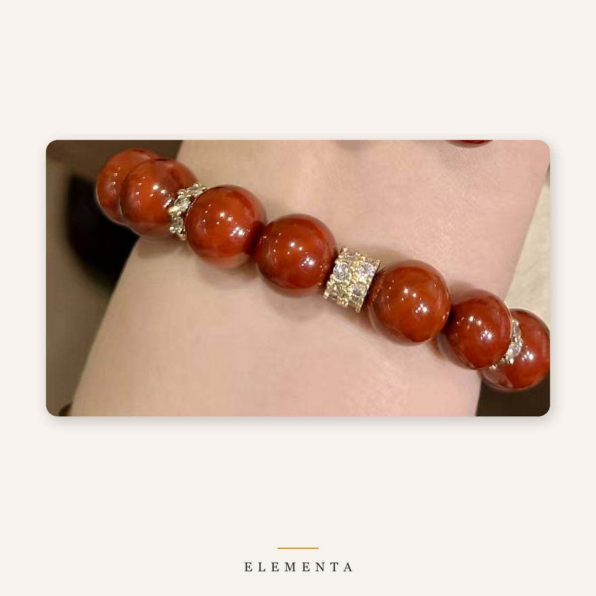 Red Agate Bracelet — Deep Red Beads with Pave Spacers (Fire Element)