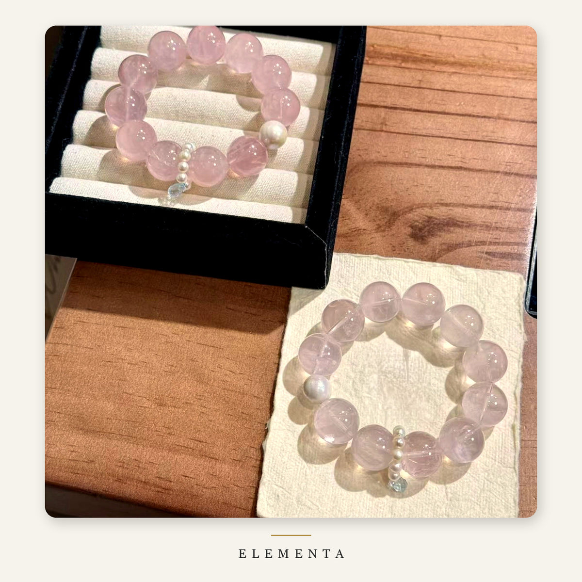 Rose Quartz Bracelet — Madagascar Rose Quartz with Freshwater Pearls & Blue Topaz (Fire Element)