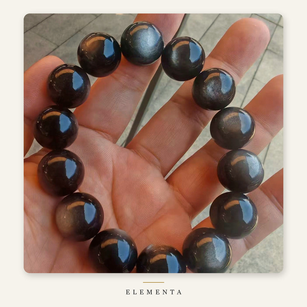 Silver Obsidian Bracelet — 12mm Natural Sheen Obsidian (Water Element)