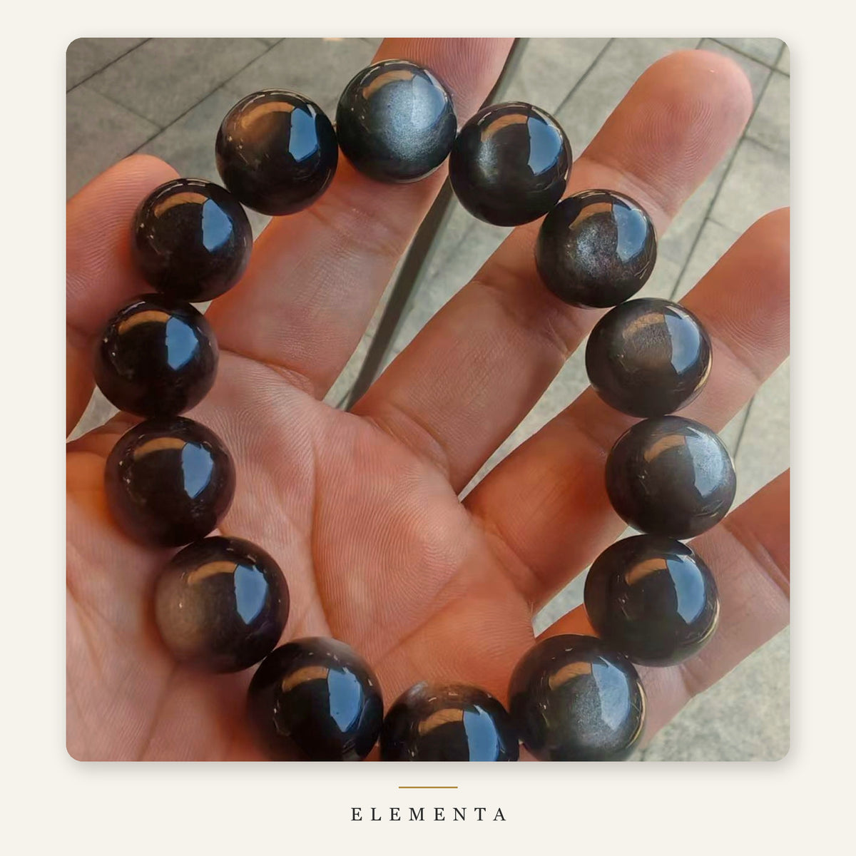 Silver Obsidian Bracelet — 12mm Natural Sheen Obsidian (Water Element)