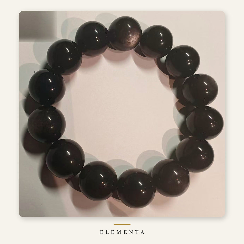 Silver Obsidian Bracelet — 12mm Natural Sheen Obsidian (Water Element)