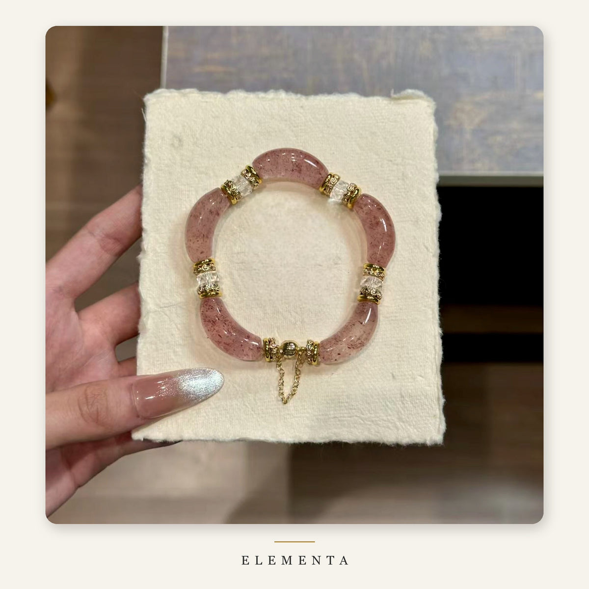 Strawberry Quartz Bracelet — Pink Quartz Arc Beads with Magnetic Clasp (Fire Element)