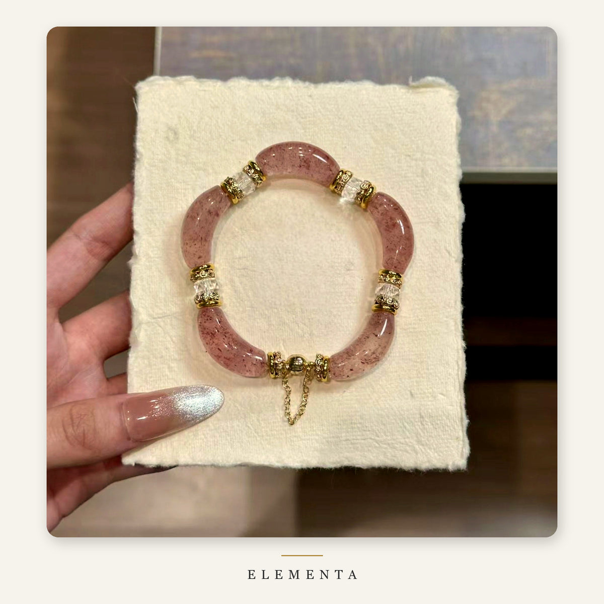 Strawberry Quartz Bracelet — Pink Quartz Arc Beads with Magnetic Clasp (Fire Element)