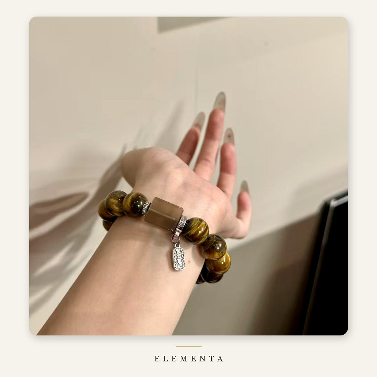 Tiger's Eye Bracelet — Golden Chatoyant Beads with Smoky Quartz Tablet (Earth Element)