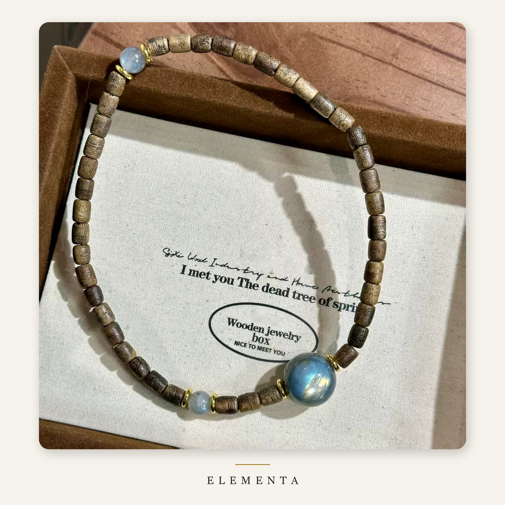 Moonstone & Wood Bracelet — Blue Sphere, Gold-Tone Rings