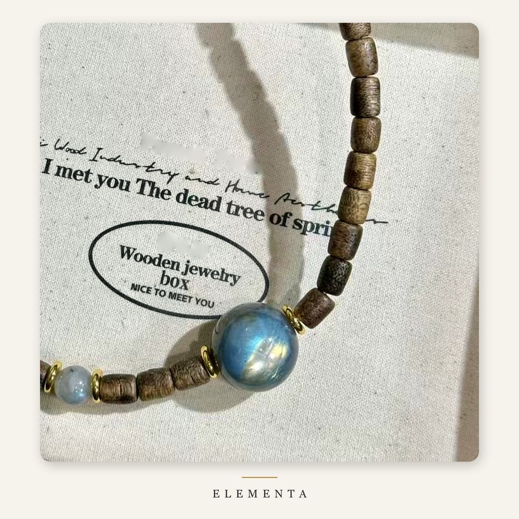 Moonstone & Wood Bracelet — Blue Sphere, Gold-Tone Rings
