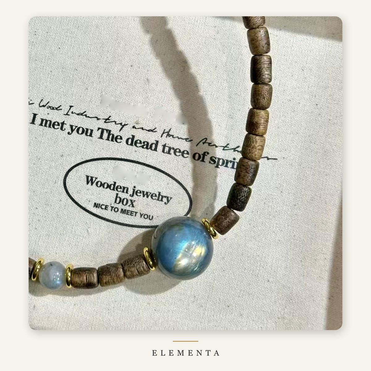 Moonstone & Wood Bracelet — Blue Sphere, Gold-Tone Rings