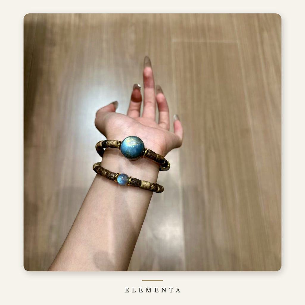 Moonstone & Wood Bracelet — Blue Sphere, Gold-Tone Rings