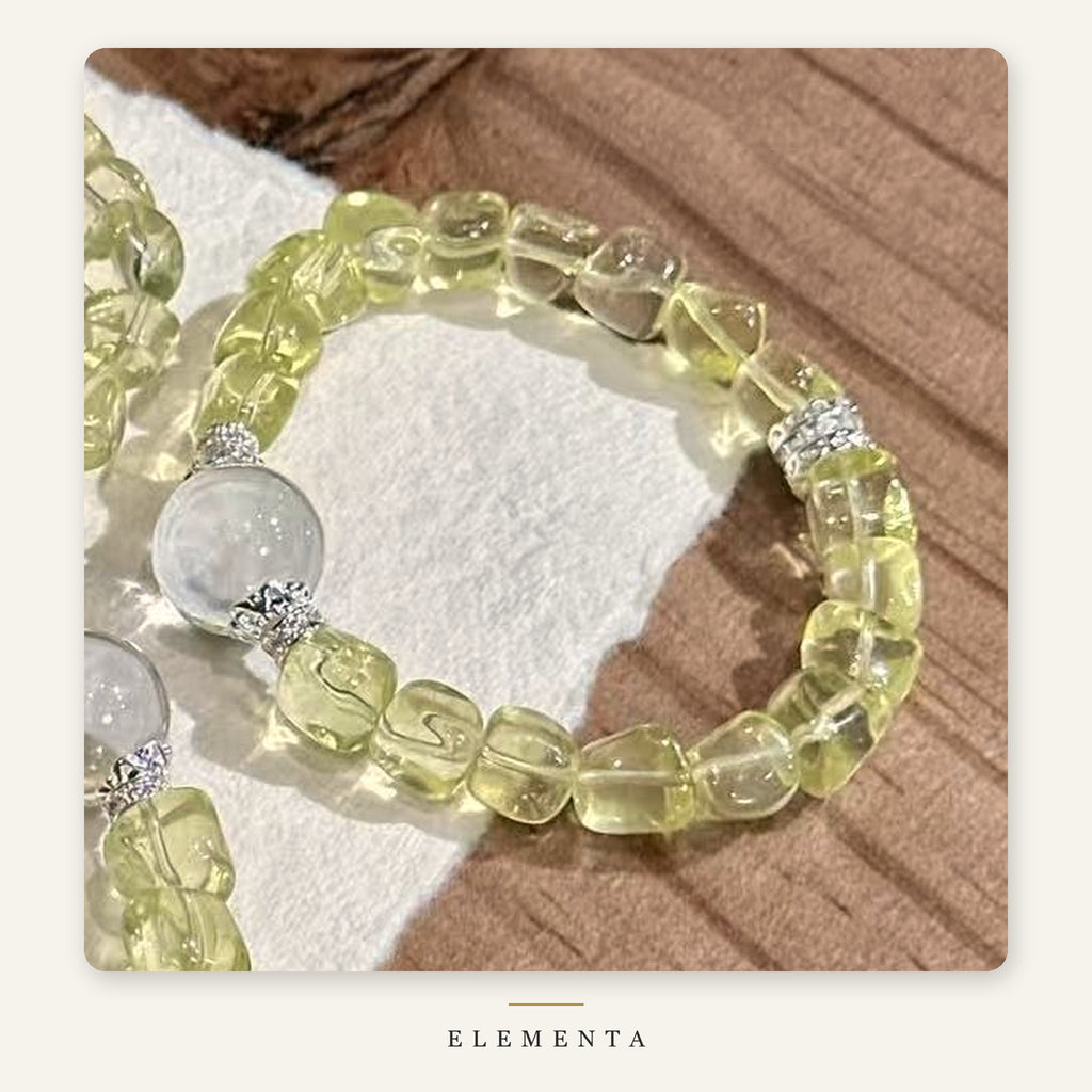 Yellow Quartz Cube Bracelet — Tumbled Golden Beads with Clear Quartz Sphere (Earth Element)