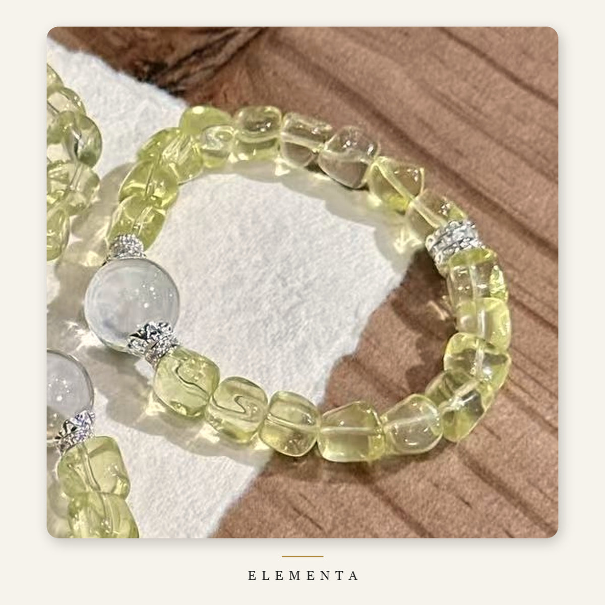 Yellow Quartz Cube Bracelet — Tumbled Golden Beads with Clear Quartz Sphere (Earth Element)