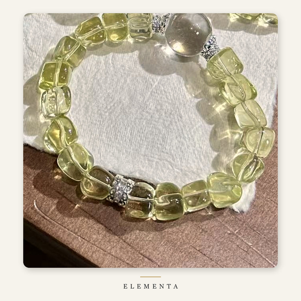 Yellow Quartz Cube Bracelet — Tumbled Golden Beads with Clear Quartz Sphere (Earth Element)